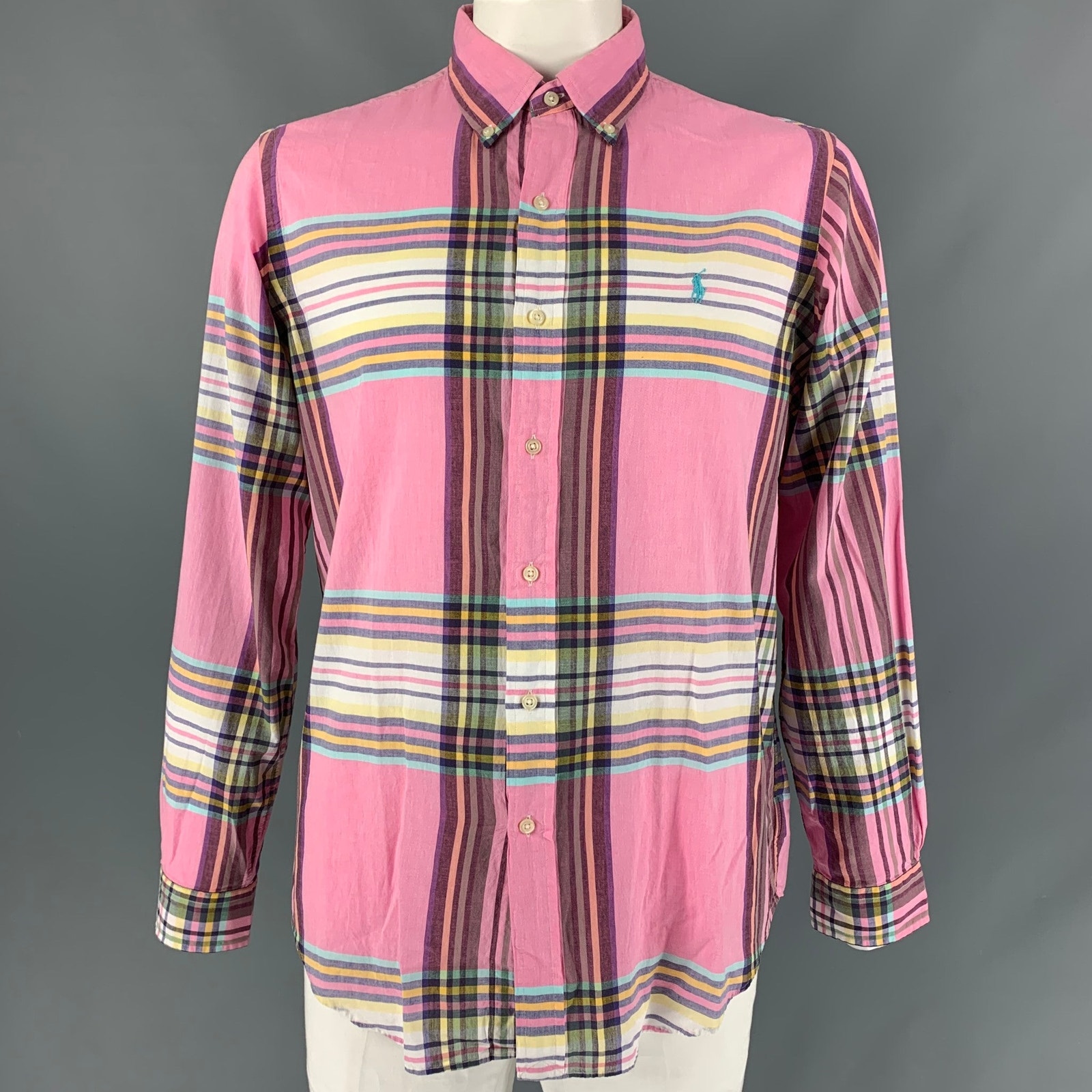 Ralph Lauren Size L Pink Multi-Color Madras Cotton Button Down Long Sleeve Shirt